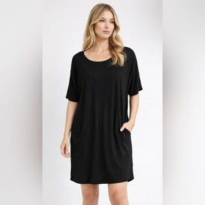 $158 Eileen Fisher Women's Black T-Shirt Boxy Dress Sz M Minimalist Lagenlook